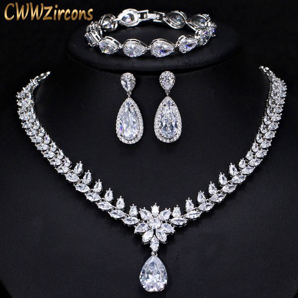 cwwzircons elegant women wedding jewellery african cz crystal leaf drop bridal necklace bracelet and earrings jewelry sets t294, Slivery;golden